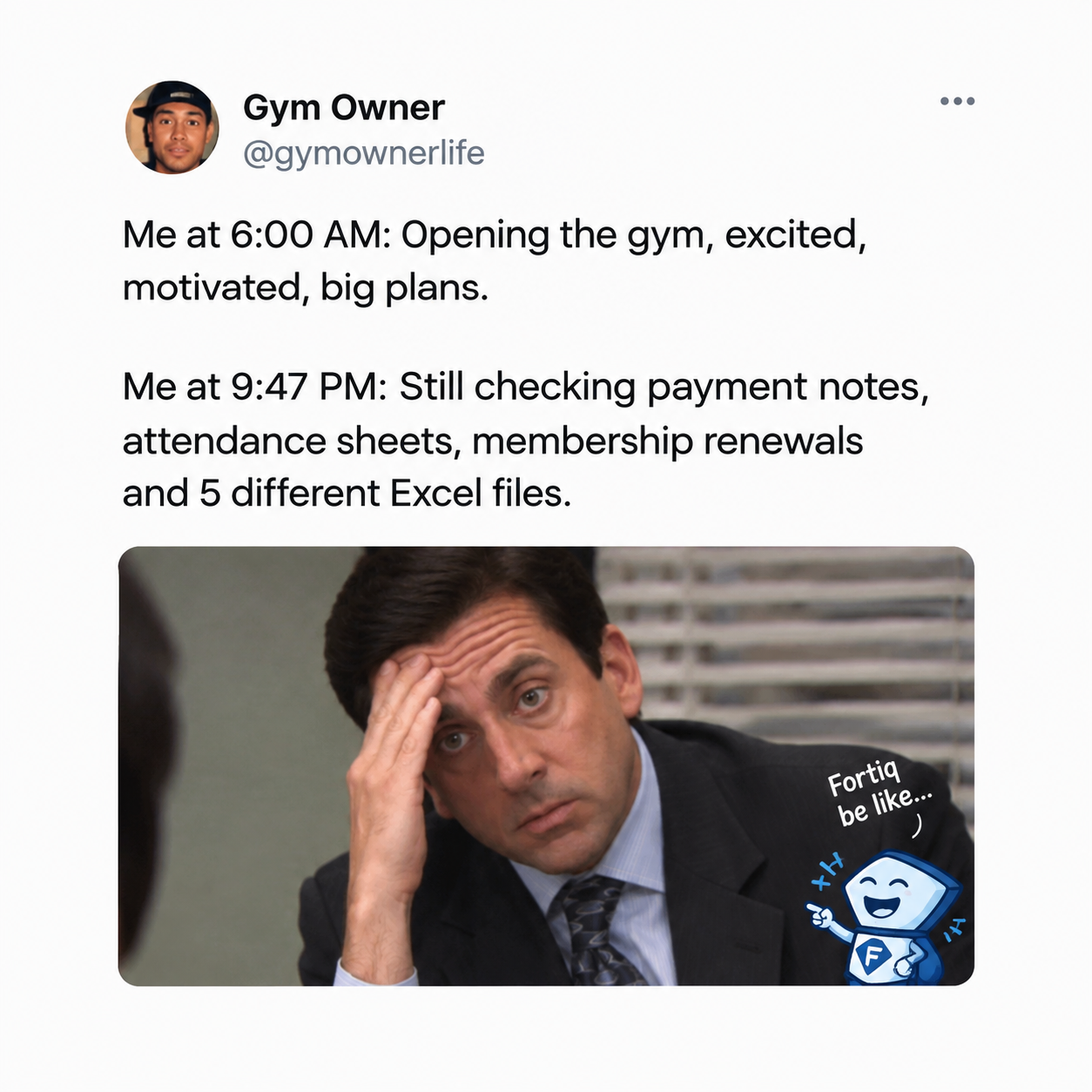 Gym-life meme shared by Fortiq Platforms on Instagram